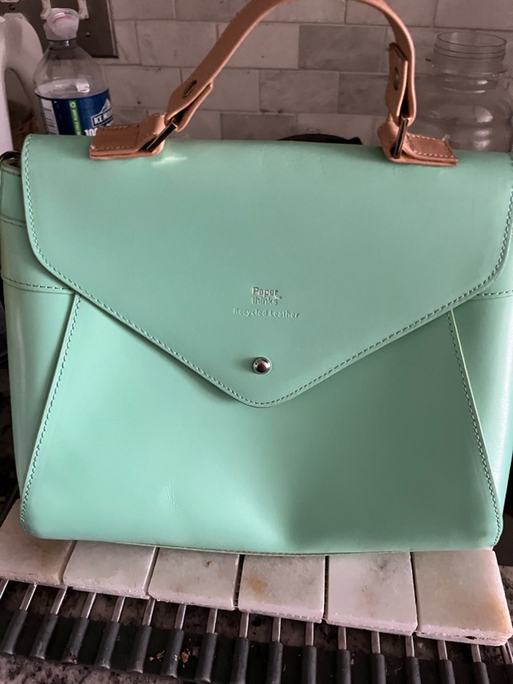 Paperthinks Recycled Leather Satchel - Mint Green Top Handle Bag